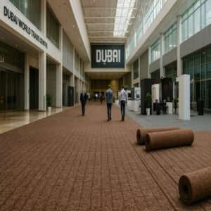 Brown carpet at an exhibition entrance.